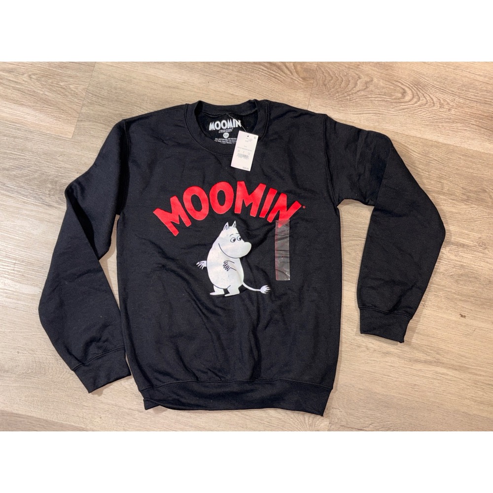 Moomin Graphic Sweatshirt Black Red Flocked Logo Moomintroll Crewneck XXS New